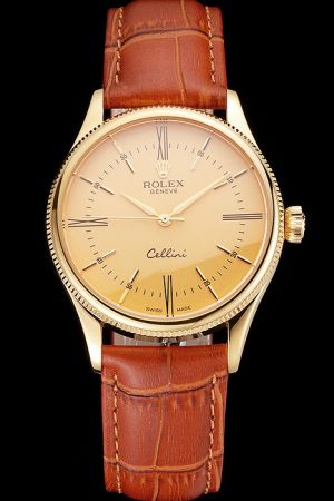 Swiss Rolex Cellini Yellow Gold Case/Dial/Pointer Two-tone Hour Marker Brown Leather Wristband  Watch Ref.3802