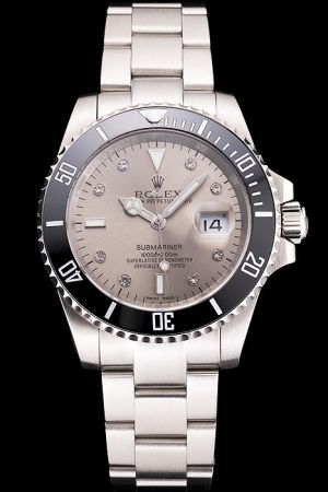 Swiss Gents Rolex Submariner Black Bezel Silver Dial Diamonds Marker Big Date Window Steel Bracelet For Men