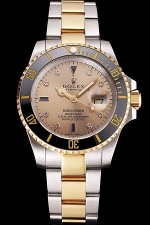 Rolex Submariner Yellow Gold Ceramic Bezel Gold Dial/Hand Diamonds Marker 2-Tone Bracelet Replica Swiss Gents Watch