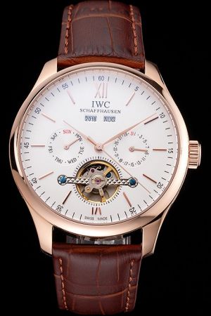 IWC Portofino Tourbillon Rose Gold Case Roman Stick Scale Brown Strap Watch