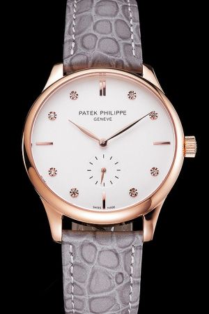 Swiss Patek Philippe Calatrava 39MM Rose Gold Case Diamonds Scale Gray Band Watch