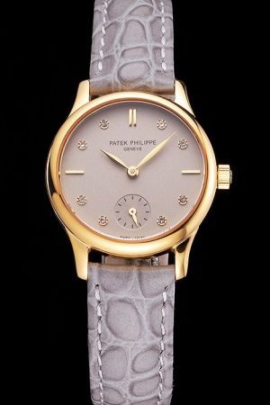 Lady Patek Philippe Calatrava Diamonds Scale 28mm Yellow Gold Case Grey Band Watch