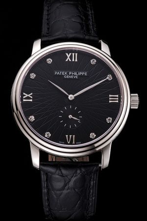  PP Geneve Calatrava Silver Case Black Dial&Strap Diamonds Roman Scale Watch