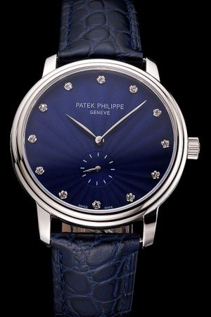 Men Patek Philippe Calatrava Blue Guilloche Face&Band Diamonds Scale Quartz Watch