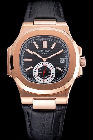 Patek Philippe Nautilus Rose Gold Case Black Striated Dial Cushion-shaped Bezel Fake Watch