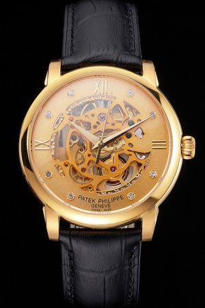 PP Complications Yellow Gold Case&Openworked Dial Diamonds Roman Scale Men Watch