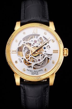 PP Complications Yellow Gold Ribbed Bezel Openworked Dial Diamonds Roman Scale Watch