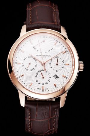 VC Traditionnelle Rose Gold Case&Pinters White Threaded Dial Three Round Sub-dials Fan-shaped Power Reserve Display Watch