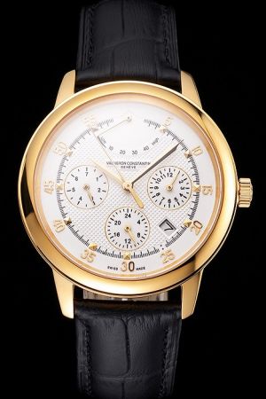 VC Traditionnelle Yellow Gold Case&Arabic Scale Checked Dial Three Round Sub-dials One Fan-shaped Window Morderne Hands Watch