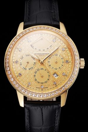 VC Traditionnelle Yellow Gold Case&Dial with Maltese Cross Logos Diamonds Bezel&Scale Four Sub-dials Morderne Pointers Watch