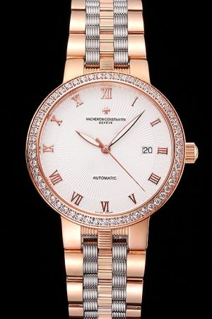 VC Traditionnelle Diamonds Case White Threaded Dial Rose Gold Roman Scale&Leaf-shaped Pointer Two-tone Bracelet Fake Watch