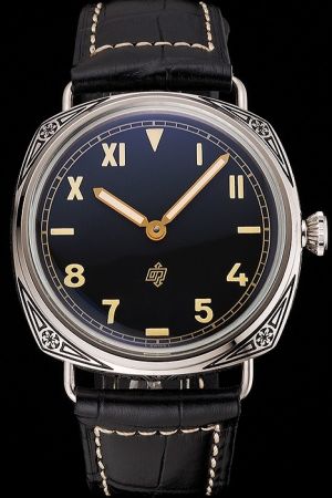 Panerai Radiomir Carving Bezel Black Leather Strap Mens SS Automatic Watch PN142