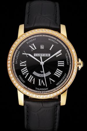 Cartier Rotonde Diamonds Bezel Black Leather Strap Day Date Watch  SKDT103 Swiss Movement