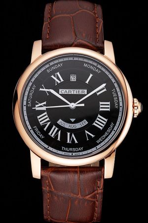 Swiss Made Cartier Rose Gold Bezel Rotonde  SKDT107 Brown Leather Wristband