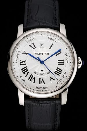 Cartier Rotonde White Gold W1580002 Dress Swiss Watch SKDT114 Black Leather Bracelt