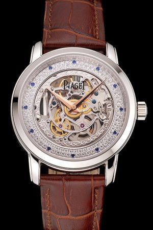 Replica Piaget Altiplano Skeleton Dial With Diamonds Inlay Rose Gold Dauphine Hands Blue Diamonds Scale Brown Band Watch
