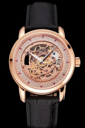 Swiss Piaget Altiplano Rose Gold Case Skeleton Dial With Diamonds Inlay Dauphine Pointer Red Diamonds Scale Black Strap Watch