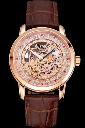  Piaget Altiplano 40mm Rose Gold Case Skeleton Dial With Diamonds Inlay Red Diamonds Marker Brown Strap Watch