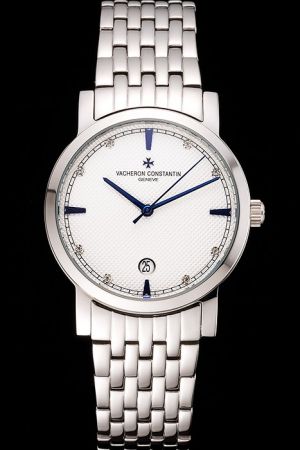 VC Patrimony White Checkerd Dial Dark Blue Pointers Diamonds/Stick/Track Marker Date Stainless Steel Bracelet Watch