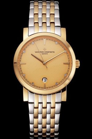 VC Patrimony Yellow Gold Case/Checked Dial/Pointers Diamonds/Stick/Track Scale Two-tone Bracelet Quartz Date Watch