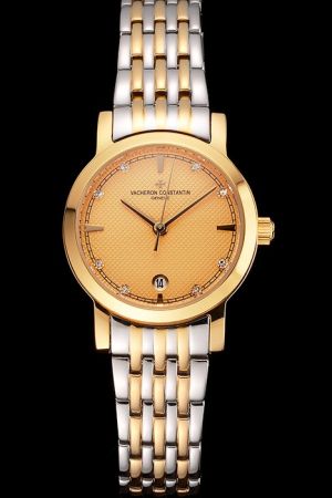 Vacheron Constantin Patrimony Gold Checked Dial Stick Pointers Diamonds/Stick/Track Marker Two-tone Bracelet Lady Watch