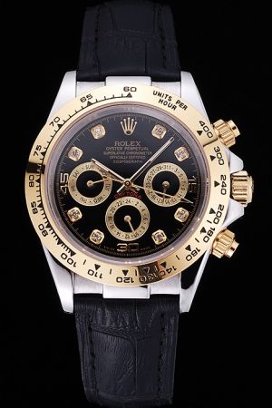 Male Rolex Daytona Gold Plated Tachymeter Bezel Diamond/Arabic Scale Three Sub-dials Stick Hands Black Strap 40mm Watch