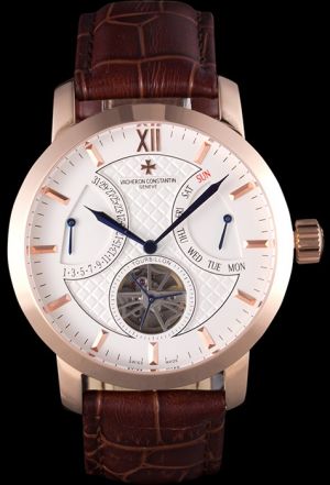 Rep VC Patrimony Traditionnelle Tourbillon Rose Gold Case/Marker Dark Blue Morderne Pointers Two Fan-shaped Sub-dials Watch