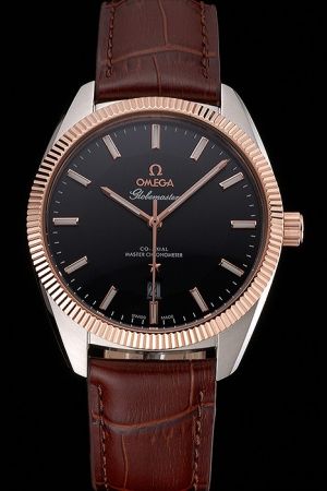 Omega Constellation Globemaster Co-Axial Chronometer Rose Gold Fluted Bezel Black Pie-pan Dial Rose Gold Stick Marker Pencil Hand Watch