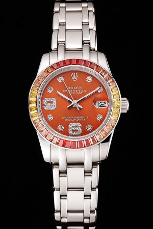 Rolex Datejust Pearlmaster Jewel Bezel Orange Dial Diamonds/Arabic Scale Convex Lens Date Window Silver Pointer/Bracelet Watch