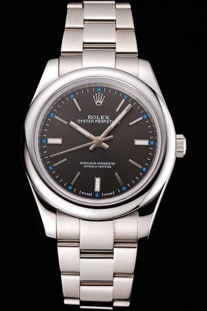 Fake Rolex Oyster Perpetual Glossy Case Black Dial Stick Marker/Pointer Steel Bracelet Men’s Dress Watch 114300