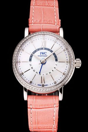Fake IWC Portofino Lady Day And Night Diamonds Bezel&Marker Pink Strap Watch