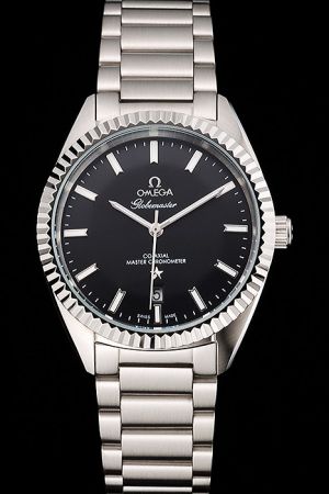 Men Omega Constellation Globemaster Chronometer Silver Fluted Bezel Black Pie-pan Dial Luminous Scale/Index Steel Bracelet Date Watch