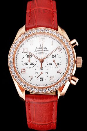 Women Omega Speedmaster Chronometer Rose Gold Case Diamonds Bezel Arabic Marker Luminous Pointer Three Sub-dials Red Strap Watch