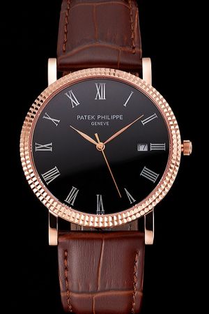  PP Calatrava Rose Gold Ribbed Bezel Silver Roman Scale Black Dial Watch