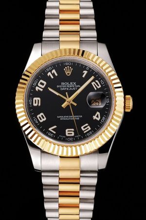 41mm Rolex Datejust Gold Fluted Bezel/Stick Hand Black Dial Arabic Marker Two-tone Steel Bracelet Convex Lens Date Window Watch Ref.116333-72213