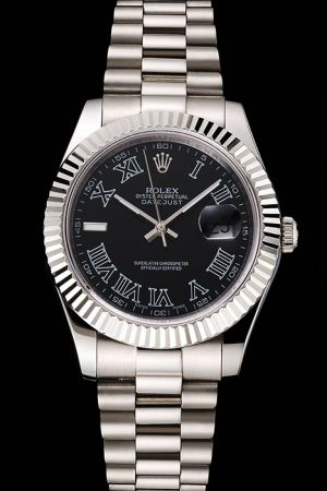 Swiss Rolex Datejust Stainless Steel Case/Bracelet Fluted Bezel Black Dial Roman Numerals Convex Lens Date Window Watch Ref.116334-72210