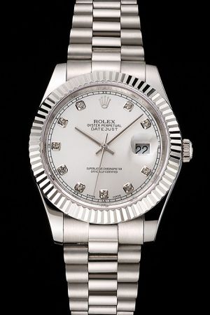 41mm Rolex Datejust White Gold Case/Bracelet Fluted Bezel Silver Dial Diamonds Markers Convex Lens Date Window Swiss Watch