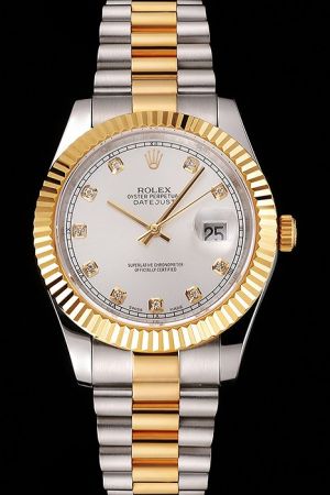 Swiss Movement Rolex Datejust Gold Fluted Bezel/Stick Pointer Diamond Markers Two-tone Bracelet Men Date Watch