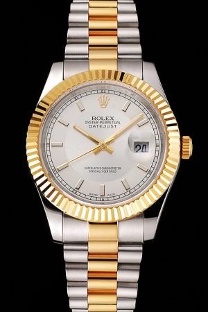 Rolex Datejust Yellow Gold Fluted Bezel/Luminous Marker/Stick Hand Silver Dial Two-Tone Bracelet Stylish Watch