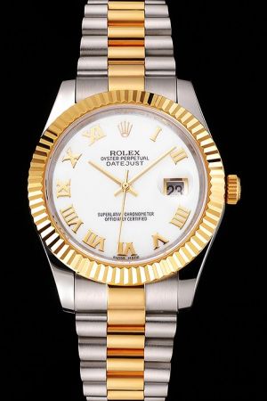 Rolex Datejust Yellow Gold Fluted Bezel/Roman Numeral/Stick Pointer White Dial 2-Tone Bracelet Swiss Movement Watch