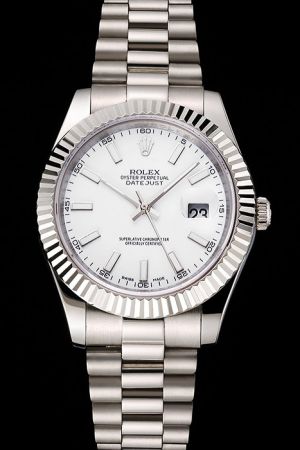 Swiss Men's Rolex Datejust White Gold Watch Body Fluted Bezel Luminous Stick Marker/Pointer Automatic Movement Watch