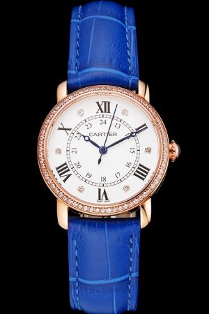 Cartier Ronde NO Date Diamonds Bezel WR000351 Wedding Watch KDT095 Blue Hands&Wristband