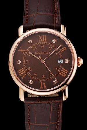Cartier Ronde 42mm Brown Leather Strap Casual Watch Copy KDT066 Diamond Index
