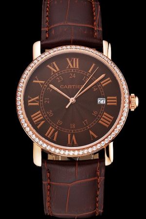  Cartier  Quartz Ronde Diamonds Bezel Suits Watch KDT068 Brown Leather Band