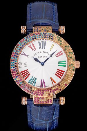 Franck Muller Double Mistery Colorful Diamonds White Dial Rose Gold Case Blue Leather Strap Watch Replica FM016