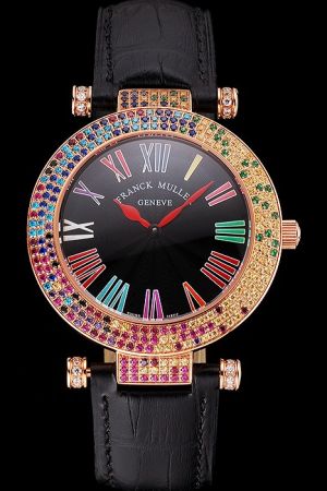 Franck Muller Double Mistery Black Dial Rose Gold Case Black Leather Strap Diamonds Watch Duplicated FM017
