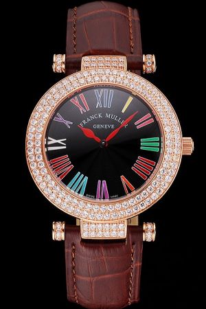 Franck Muller Double Mistery Black Dial Rose Gold Case Brown Leather Strap Round Classic Diamonds Watch Dupe FM020