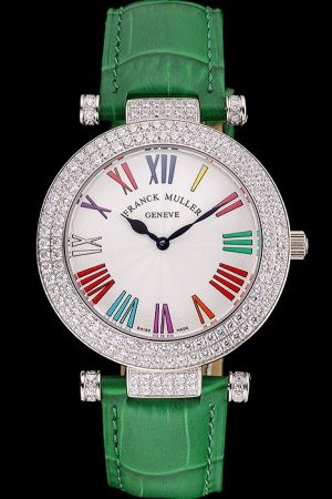 Franck Muller Round Double Mistery White Dial Colorful Roman Numbers Green Leather Strap Diamonds Watch FM012