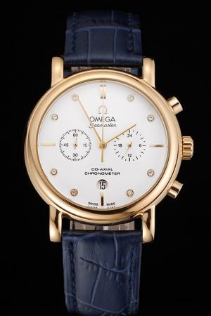 Omega Seamaster Co-Axial Escapement Chronograph 48mm Yellow Gold Case White Dial Diamonds Scale Two Sub-dials Blue Strap Men Watch