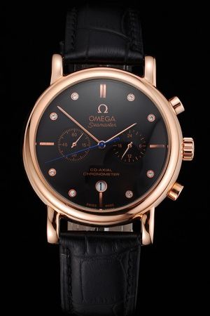 Fake Omega Seamaster Co-Axial Escapement Chronograph Rose Gold Case Black Dial&Strap Diamonds Scale Blue Second Hand Men Watch